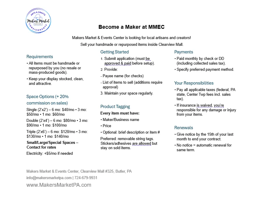 The Become a Maker at MMEC information sheet, a three column white sheet covering requirements, space options and pricing, getting started, payments, product tagging, responsibilities and renewals.