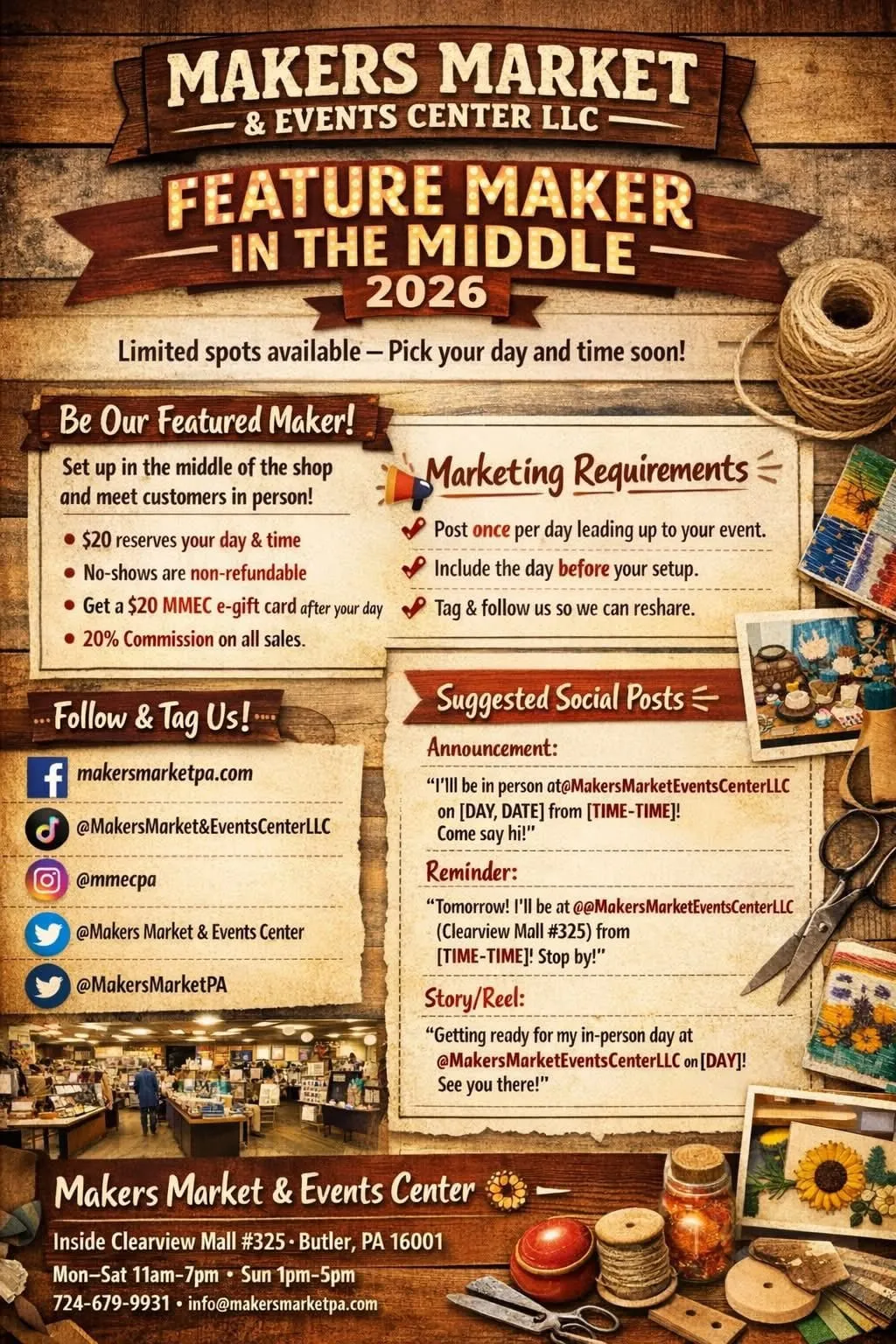 Feature Maker in the Middle 2026 flyer on a rustic wood background, listing the $20 reservation, the $20 gift card, 20% commission and the social media posting requirements.