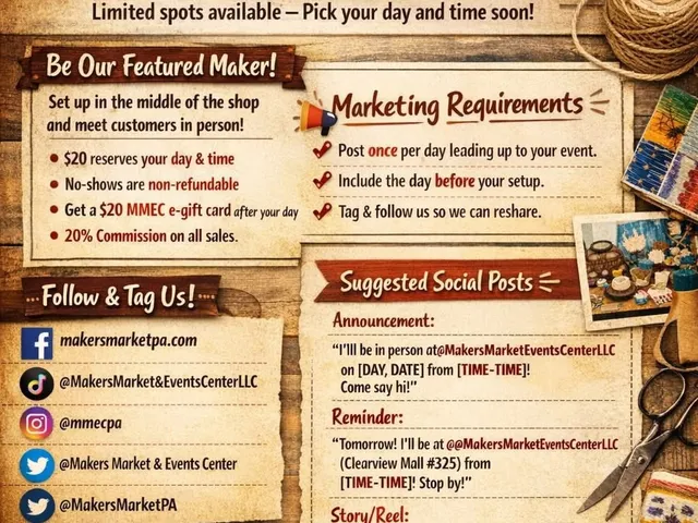 Feature Maker in the Middle 2026 flyer on a rustic wood background, listing the $20 reservation, the $20 gift card, 20% commission and the social media posting requirements.