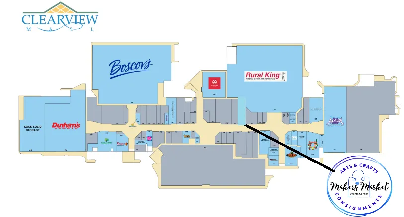 Clearview Mall floor plan showing the Bon-Ton, Boscov's and Rural King anchor stores, with a leader line pointing to the Makers Market location.
