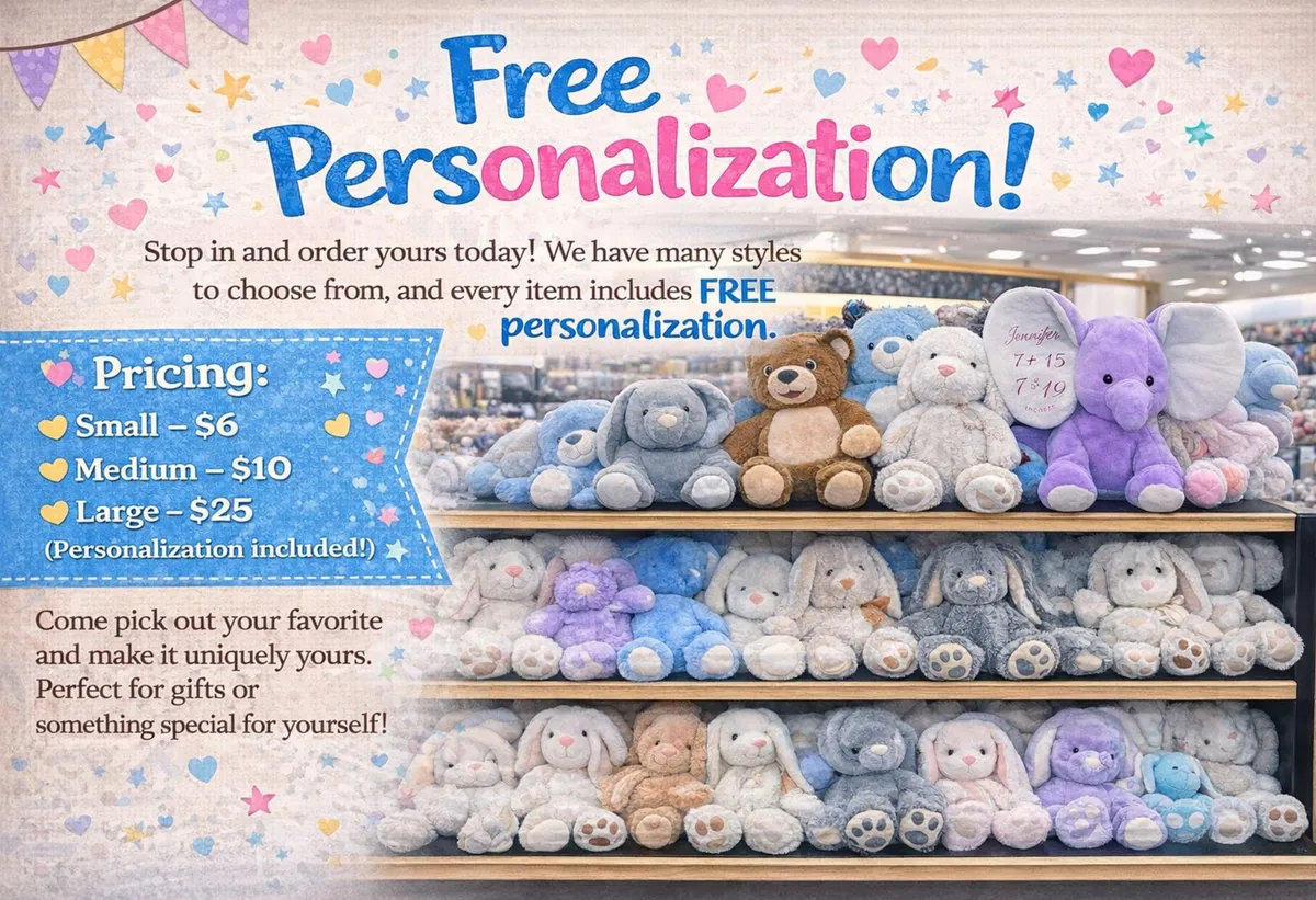 Shelves of plush bunnies and elephants in pastel colors, all available with free personalization.