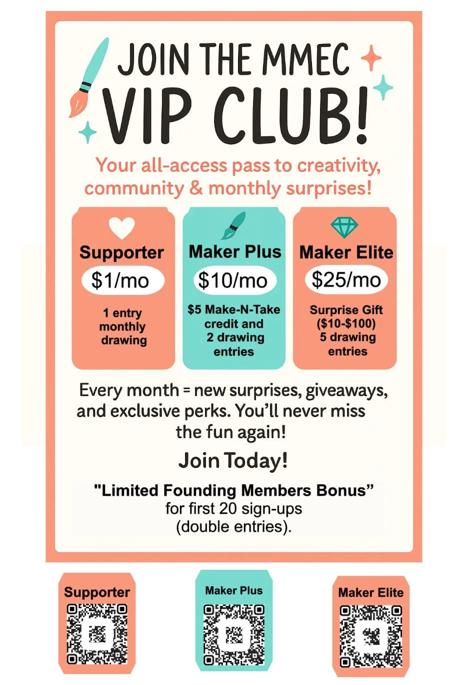 The MMEC VIP Club flyer, a peach-bordered poster listing three membership tiers with sign-up QR codes.